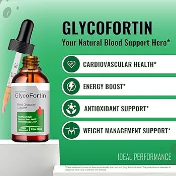 GlycoFortin supplement bottle with dropper shown alongside key benefits: cardiovascular health, energy boost, antioxidant support, and weight management support. Promoted as a natural blood support hero