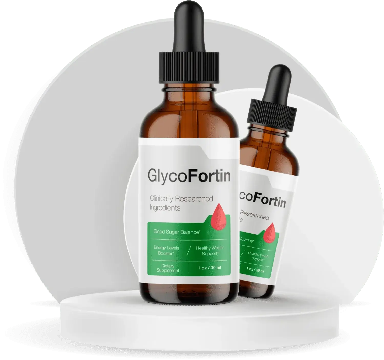 Two bottles of GlycoFortin liquid drops supplement for blood sugar balance, weight management, and energy support