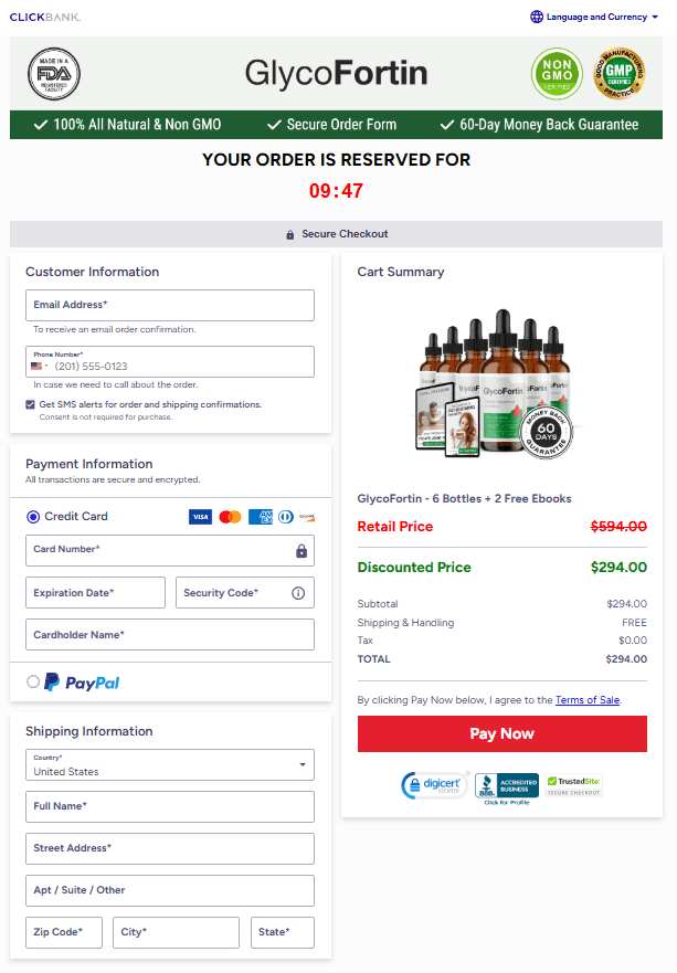 GlycoFortin secure checkout page showing 6 bottle bundle with 2 free eBooks and discount price